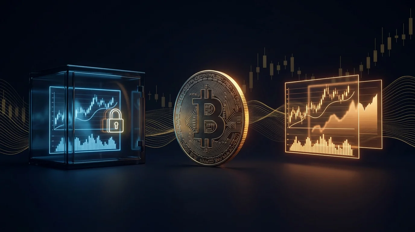 Moneda dorada de Bitcoin en el centro; a su izquierda, gráficos encerrados en una urna de cristal azul con candado; a su derecha, los mismos gráficos abiertos y brillando en naranja