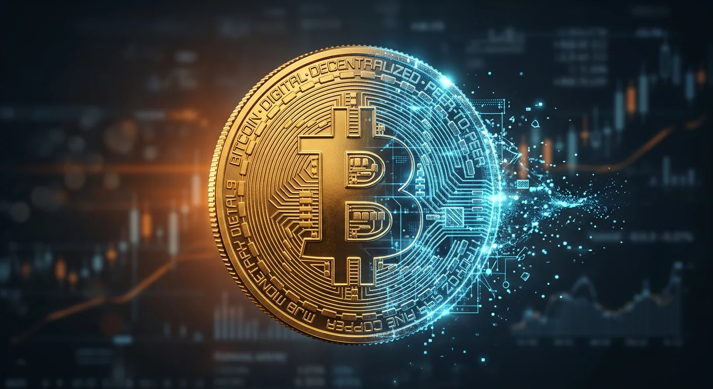 Una moneda de Bitcoin dorada, con una mitad sólida e intacta y la otra disolviéndose en un patrón geométrico de circuito cuántico hecho de fragmentos de luz azul