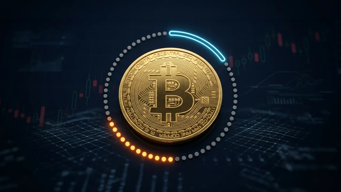 Una moneda dorada de Bitcoin en 3D con el símbolo ₿ grabado en patrón de circuito, rodeada de un anillo de pequeños nodos de luz mayormente apagados salvo un arco pequeño encendido en naranja, con un arco azul luminoso marcando el punto no alcanzado; fondo azul marino oscuro con velas japonesas tenues y rejilla holográfica de fondo