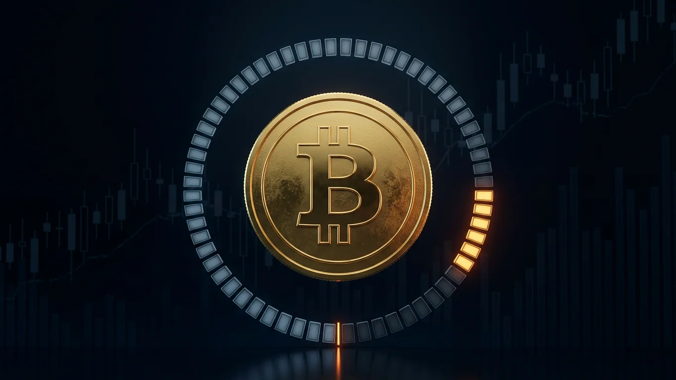 Una moneda de Bitcoin dorada en 3D en el centro, rodeada de un anillo segmentado casi todo apagado en gris azulado, con solo un pequeño tramo encendido en ámbar cerca del cierre del anillo, sobre un fondo de velas japonesas oscuro
