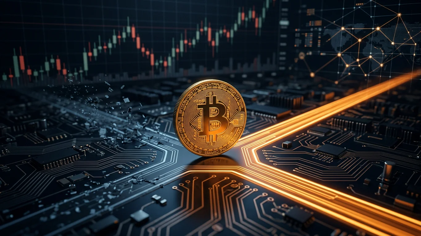 Una moneda de Bitcoin dorada en 3D justo en un punto de bifurcación sobre una placa de circuitos oscura: un camino continúa como un rayo de luz naranja brillante y sólido, el otro se desvanece en fragmentos dispersos a pocos pasos de la bifurcación