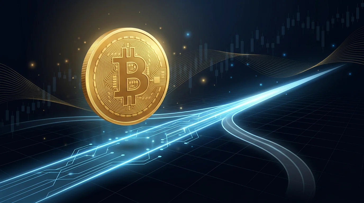 A golden 3D Bitcoin coin with a circuit-pattern engraved ₿ symbol, floating above a glowing blue holographic path that forks: one bright trail continues straight ahead while a dimmer one curves away, with faint Japanese candlesticks and a wireframe grid against a dark navy background