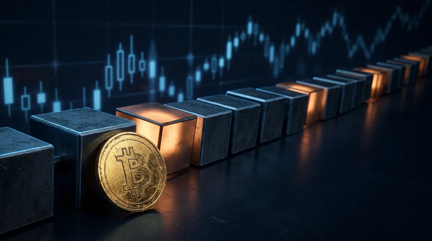 Render 3D de una hilera de bloques metálicos oscuros que se pierde en la profundidad sobre fondo azul noche; la mayoría están apagados y solo tres o cuatro brillan con luz ámbar desde dentro. En primer plano, una moneda de Bitcoin dorada y desgastada apoyada contra uno de los bloques; al fondo, velas japonesas desenfocadas en azul