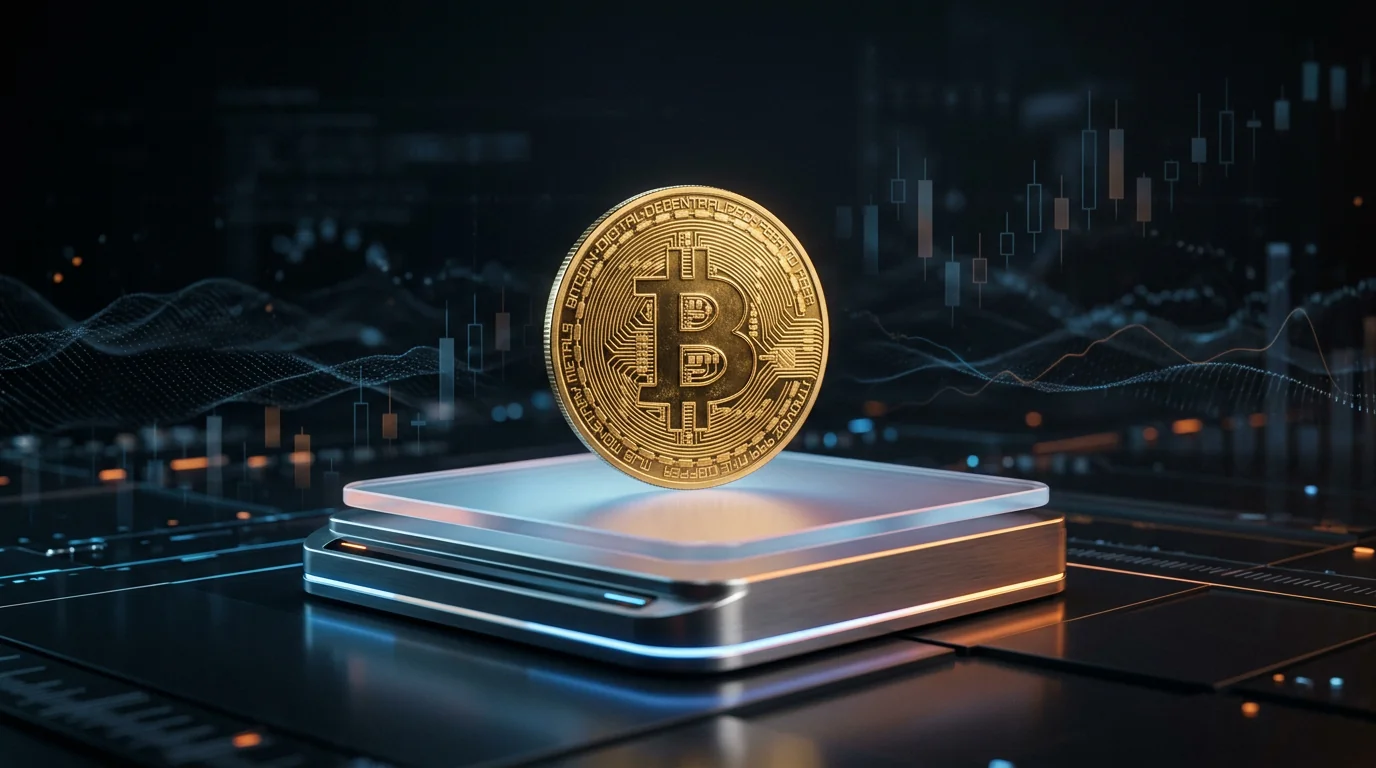 A golden Bitcoin coin balanced on a minimalist glowing scale, with candlestick charts in orange and blue tones against a dark background