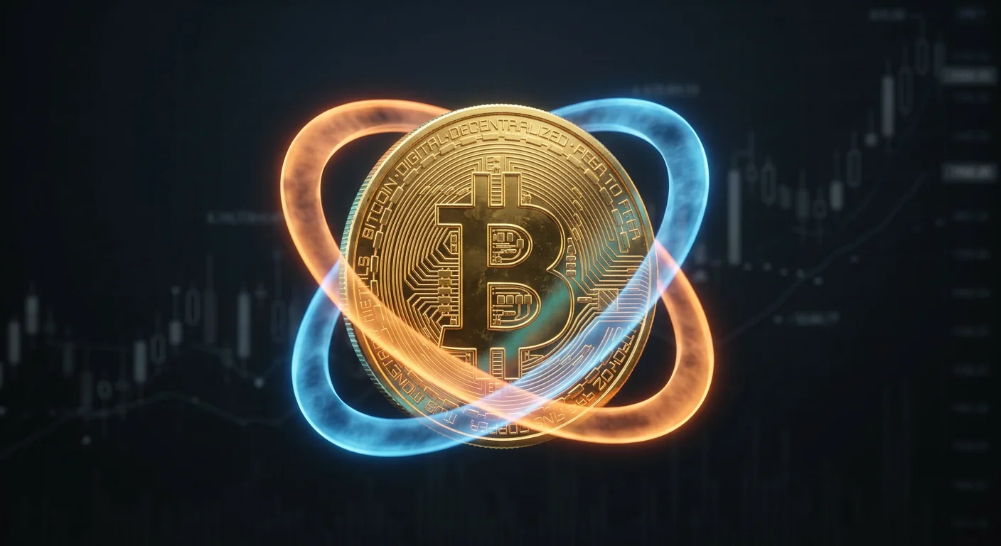Una moneda de Bitcoin dorada con dos anillos translúcidos superpuestos, uno naranja y otro azul, entrelazados alrededor de la misma moneda