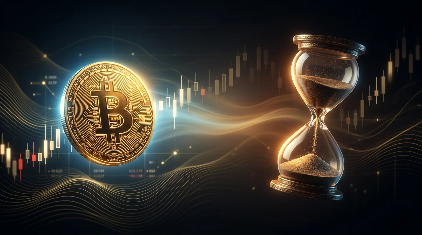Moneda dorada de Bitcoin flotando junto a un reloj de arena translúcido con la arena casi agotada, sobre un fondo oscuro con velas japonesas y ondas doradas, luz fría alrededor de la moneda y luz cálida alrededor del reloj