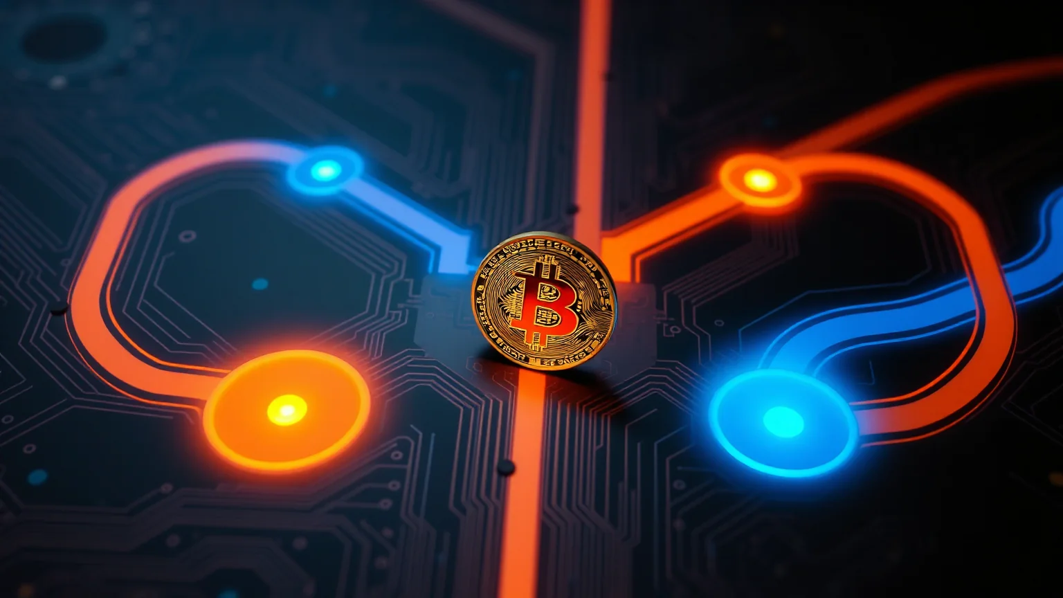 Una moneda de Bitcoin dorada en un punto de bifurcación en Y sobre una placa de circuitos oscura, con dos caminos de luz completamente separados alejándose en direcciones distintas, uno naranja y otro azul, sin ningún punto de conexión entre ellos