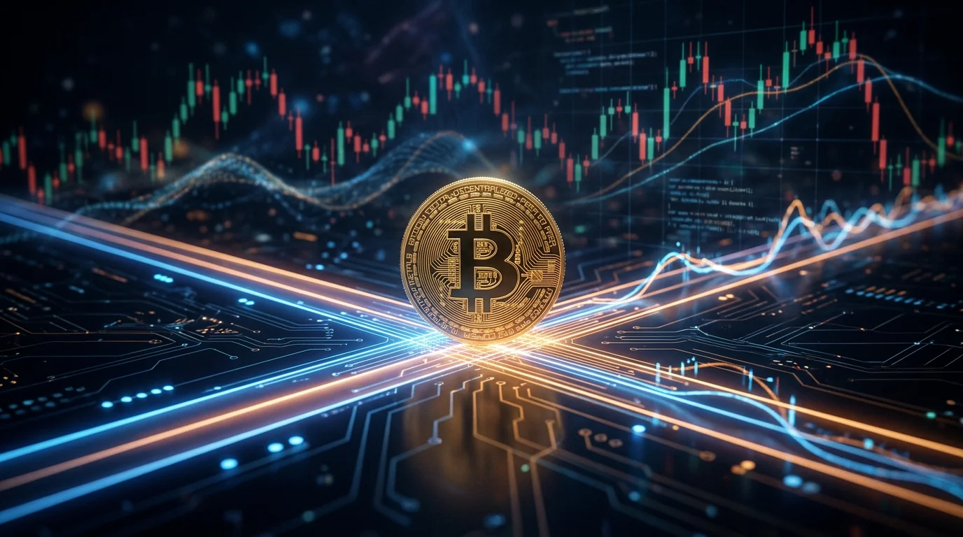 Una moneda de Bitcoin dorada en un cruce de caminos de luz sobre un fondo oscuro tecnológico, con circuitos y velas japonesas de fondo