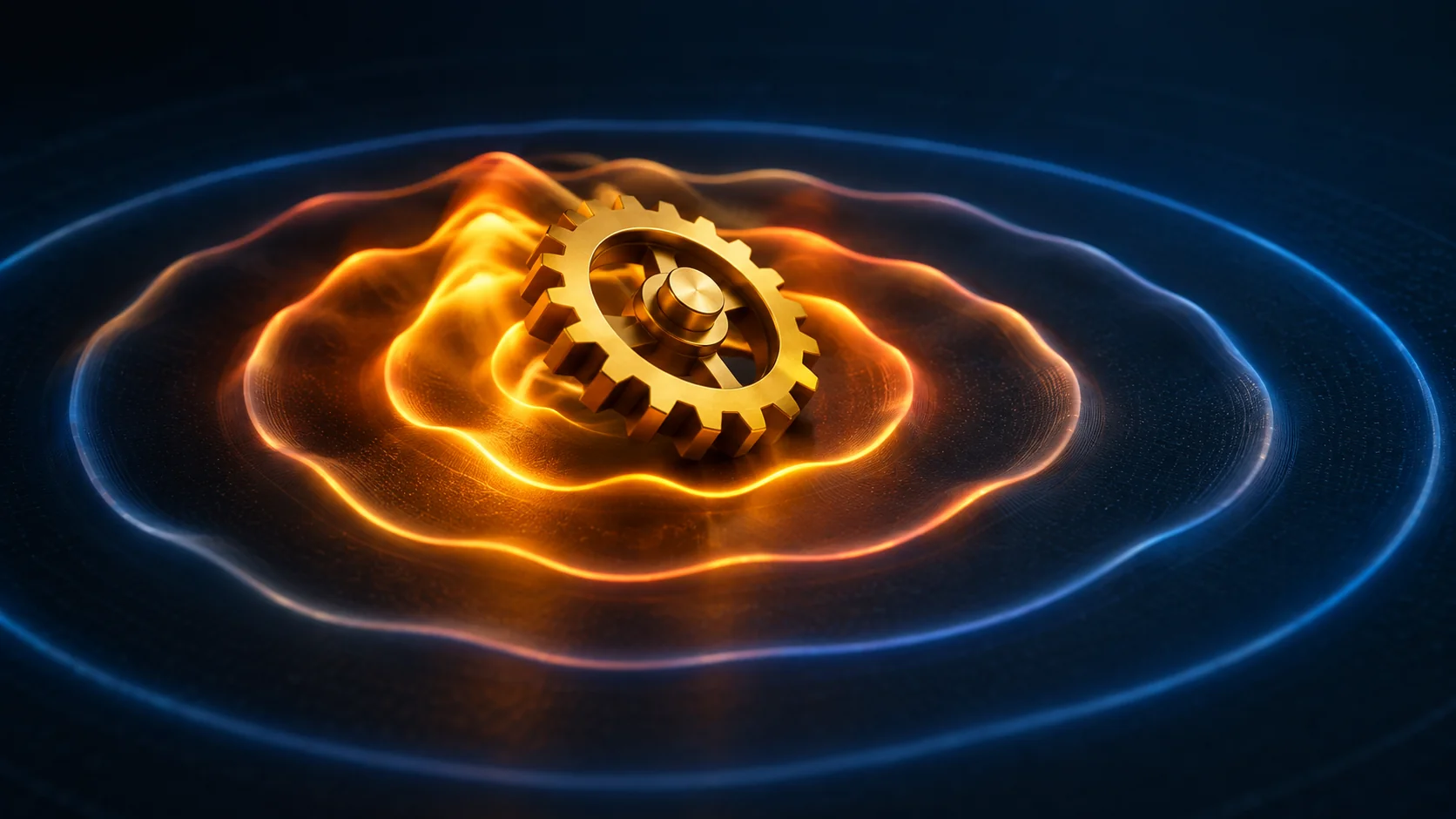 A golden gear at the center of concentric light ripples that dampen from orange to blue toward the edges of a dark background, representing a mechanism that repeats with less force on every turn