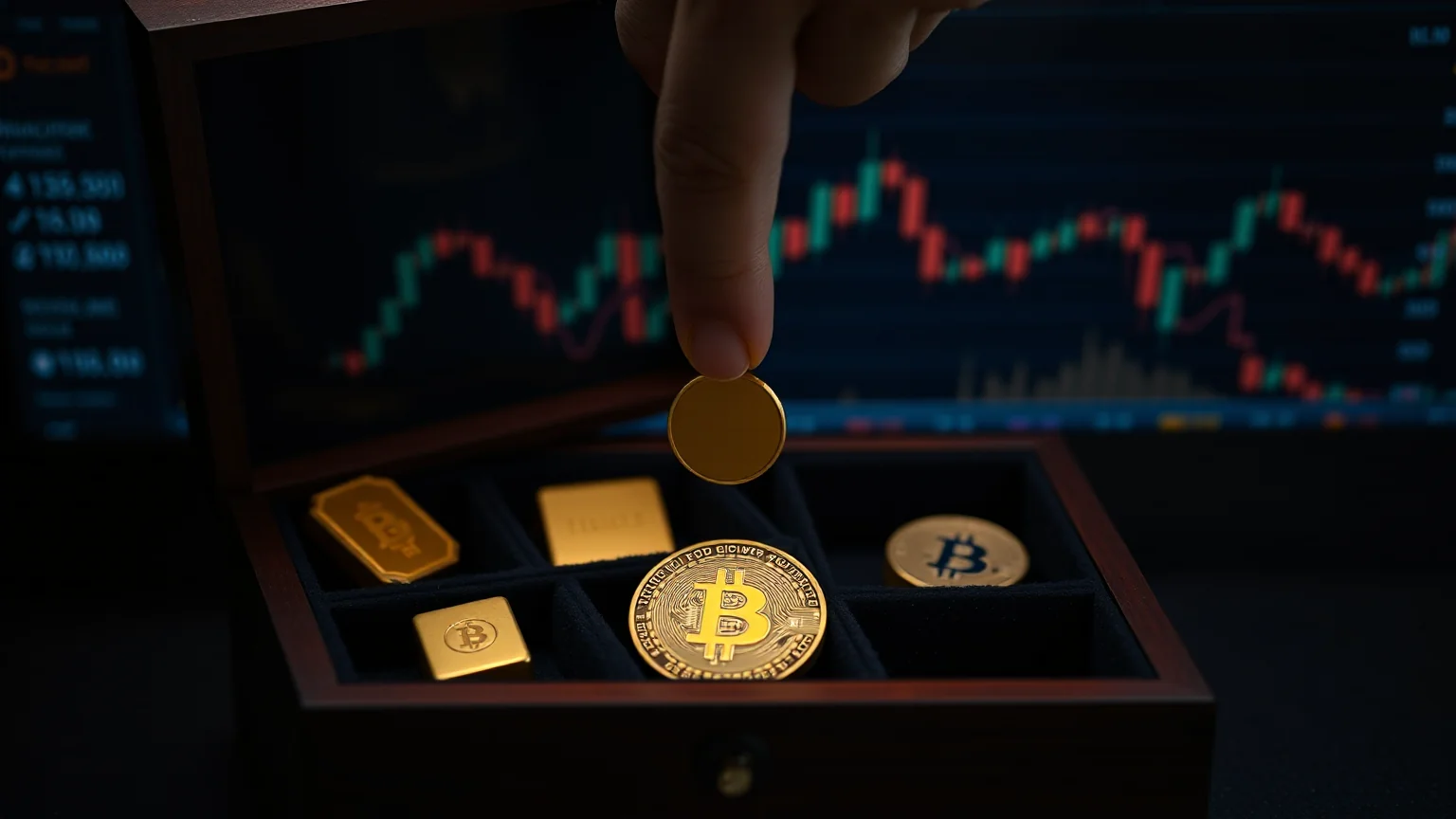 Un joyero abierto con compartimentos separados, cada uno con piezas de oro distintas, y una mano a punto de elegir una de ellas; una de las piezas es una moneda de Bitcoin dorada, sobre fondo oscuro con destellos naranjas y azules