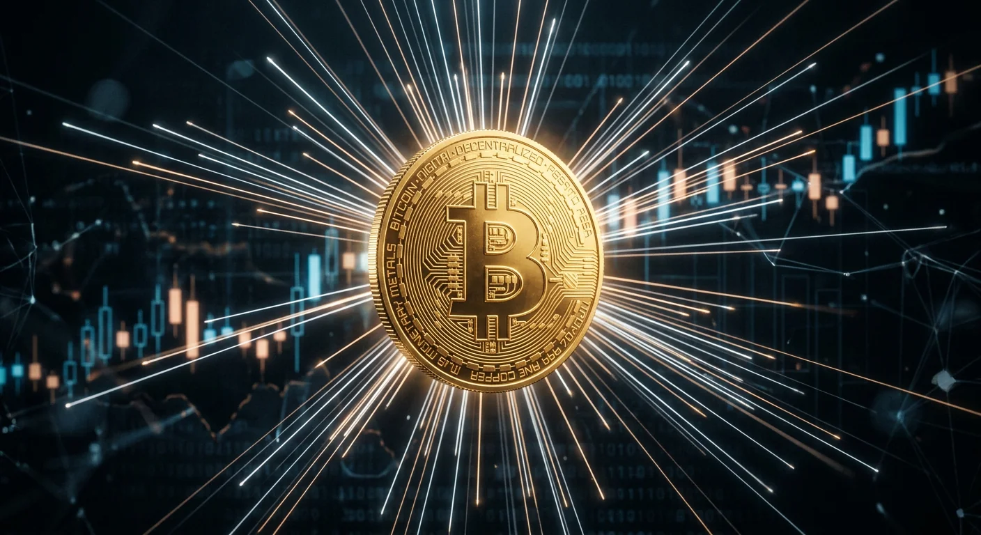 Una moneda de Bitcoin dorada en el centro con múltiples haces de luz finos convergiendo desde direcciones distintas a la vez, como señales llegando de varios orígenes por separado