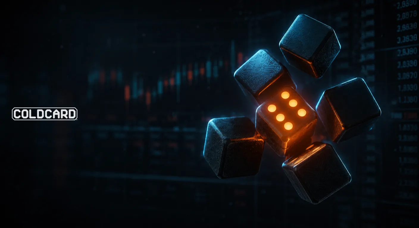 Five 3D dice with engraved circuit traces float over a dark blue background with blurred Japanese candlesticks and data panels; four have completely blank faces and one lights up in amber, showing its pips. The official COLDCARD wordmark, in monochrome white, identifies the device in the left third