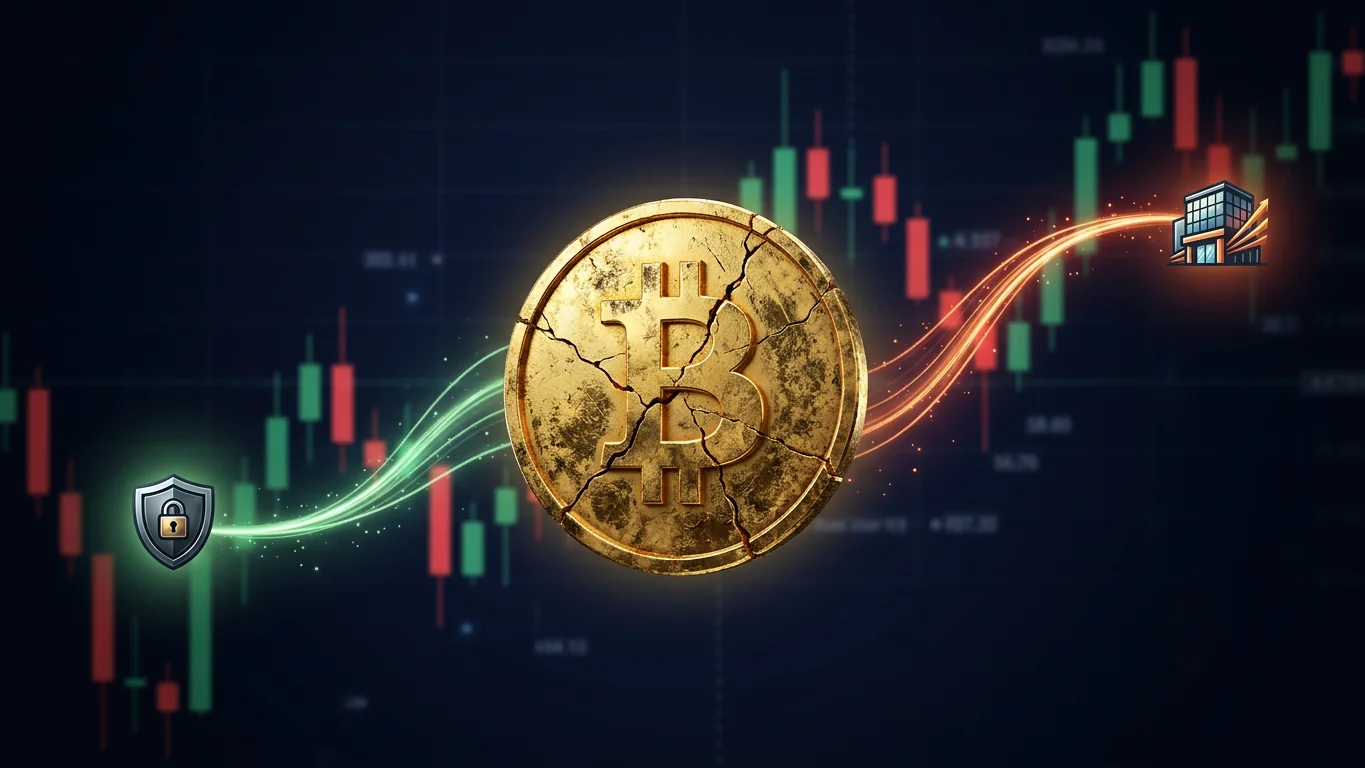 Una moneda de Bitcoin dorada y agrietada en 3D, con dos trazos de luz finos saliendo en direcciones opuestas: uno verde hacia un icono de escudo con candado, otro rojo/ámbar hacia un icono de edificio de exchange, sobre un fondo de velas japonesas oscuro