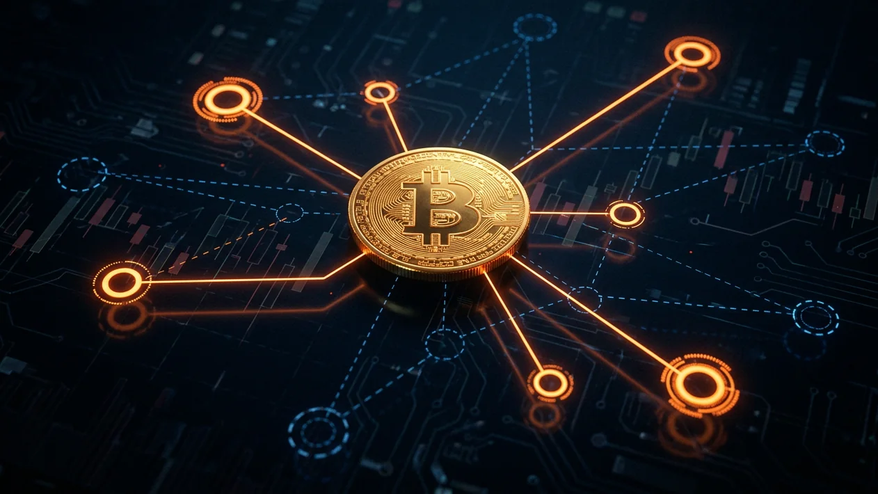 A golden 3D Bitcoin coin at the center, with thin solid orange light lines connecting it to several bright rings and dashed blue lines connecting it to fainter rings, over a dark circuit-board and candlestick-chart background