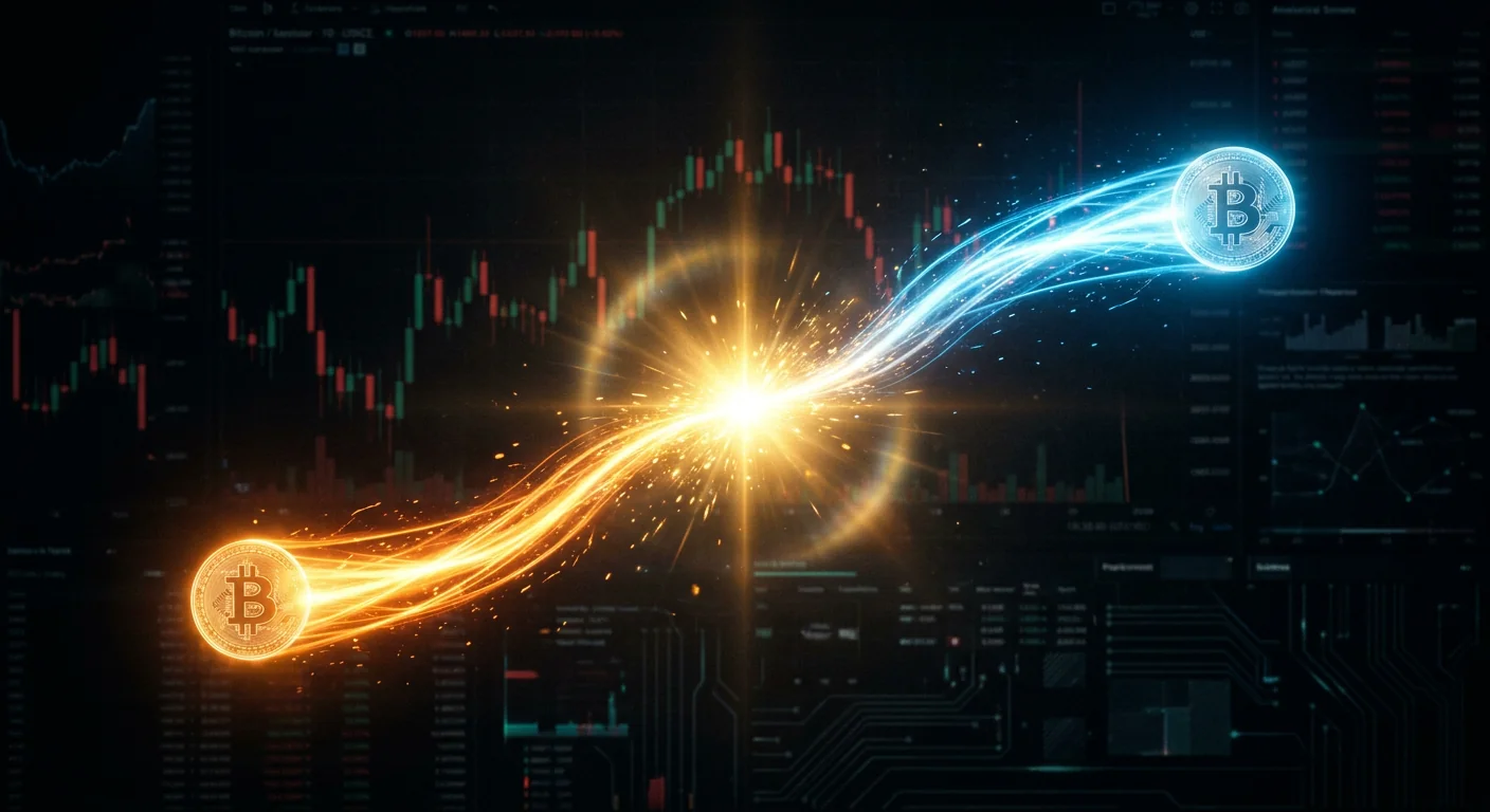 Dos flujos de luz separados, uno naranja cálido y otro azul frío, cada uno saliendo de una moneda de Bitcoin translúcida, fusionándose en un único punto brillante donde se encuentran