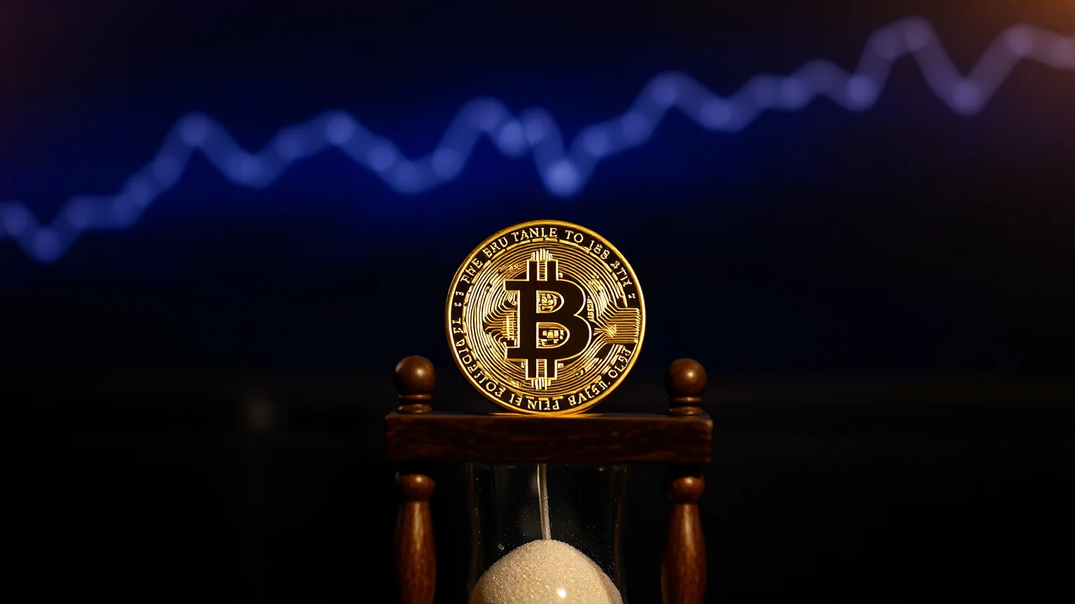A golden Bitcoin coin resting next to a wooden hourglass on a dark desk, with a glowing chart line that splits into several paths in the background