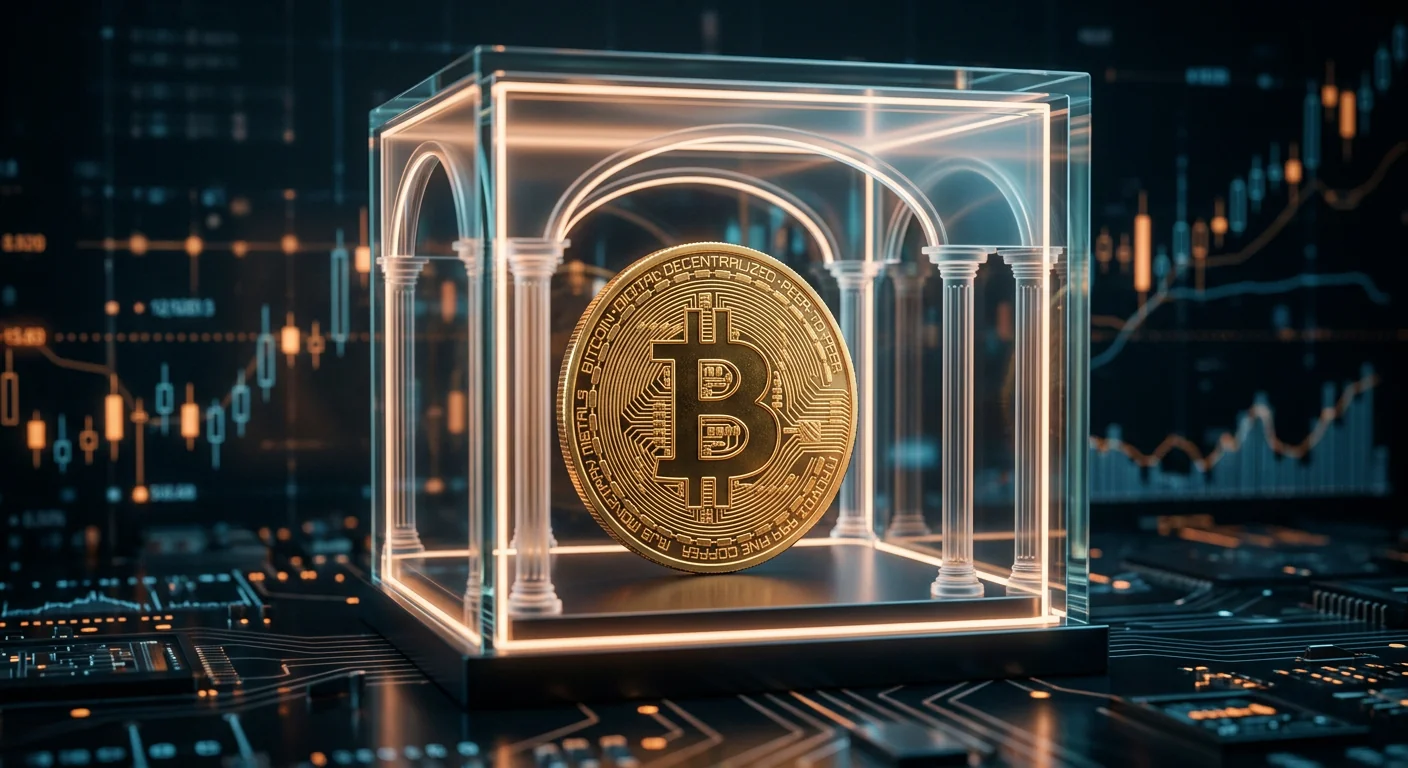 Una moneda de Bitcoin dorada dentro de una estructura translúcida tipo bóveda bancaria, con columnas arquitectónicas visibles al fondo, como una cámara acorazada hecha de luz