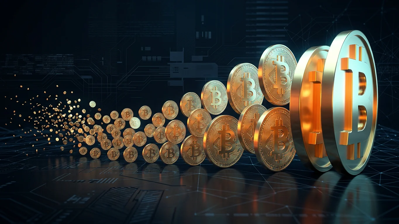 Una fila de monedas de Bitcoin doradas ordenadas de menor a mayor tamaño, desde motas diminutas dispersas hasta monedas enormes en primer plano, sobre un fondo oscuro con textura de circuito