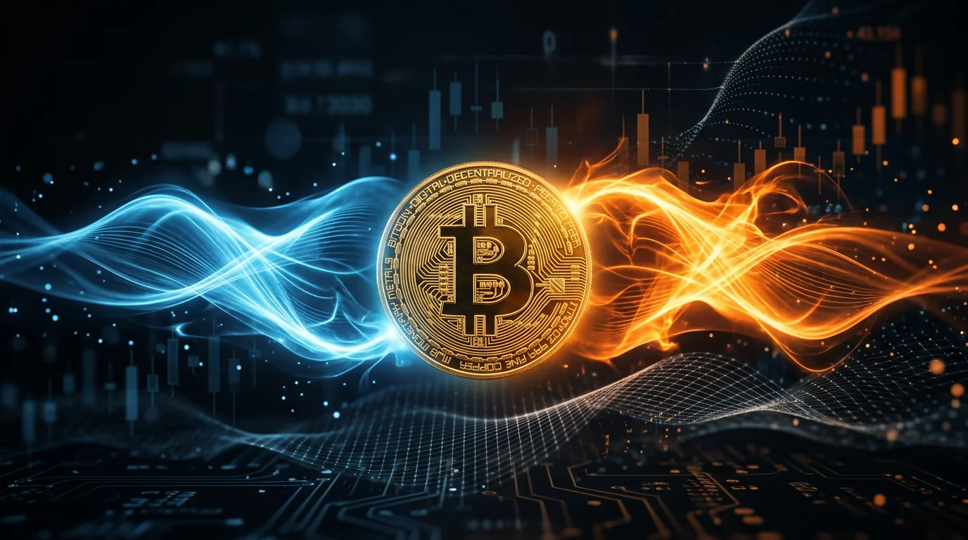 Una moneda de Bitcoin dorada entre dos formas de luz enfrentadas, una fría y azul, otra cálida y naranja, sobre un fondo oscuro con velas japonesas