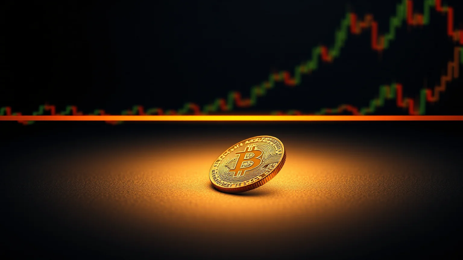 A golden Bitcoin coin rising out of a shallow valley with a horizontal line of light representing realized price that it never dips below, over a dark blue and orange backdrop with faint candlestick patterns