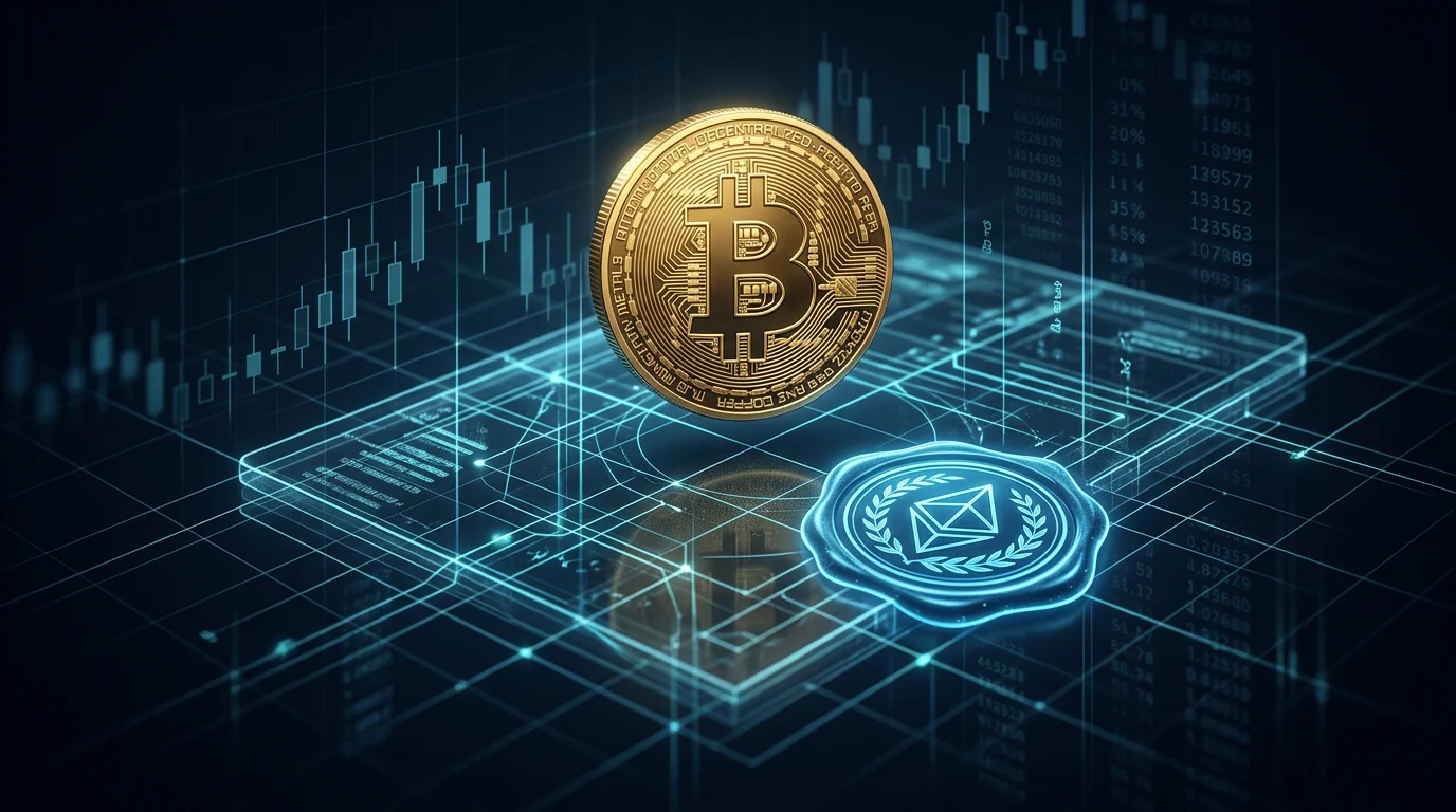 Moneda dorada de Bitcoin flotando sobre un libro de contabilidad translúcido con columnas de cifras decorativas y un sello oficial de cera, sobre un fondo oscuro con velas japonesas
