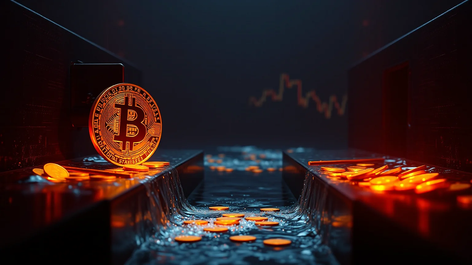 A golden Bitcoin coin resting on an open canal lock gate, with coins streaming through two separate channels of light into two distinct basins, one orange and one blue, against a dark background with blurred candlestick charts