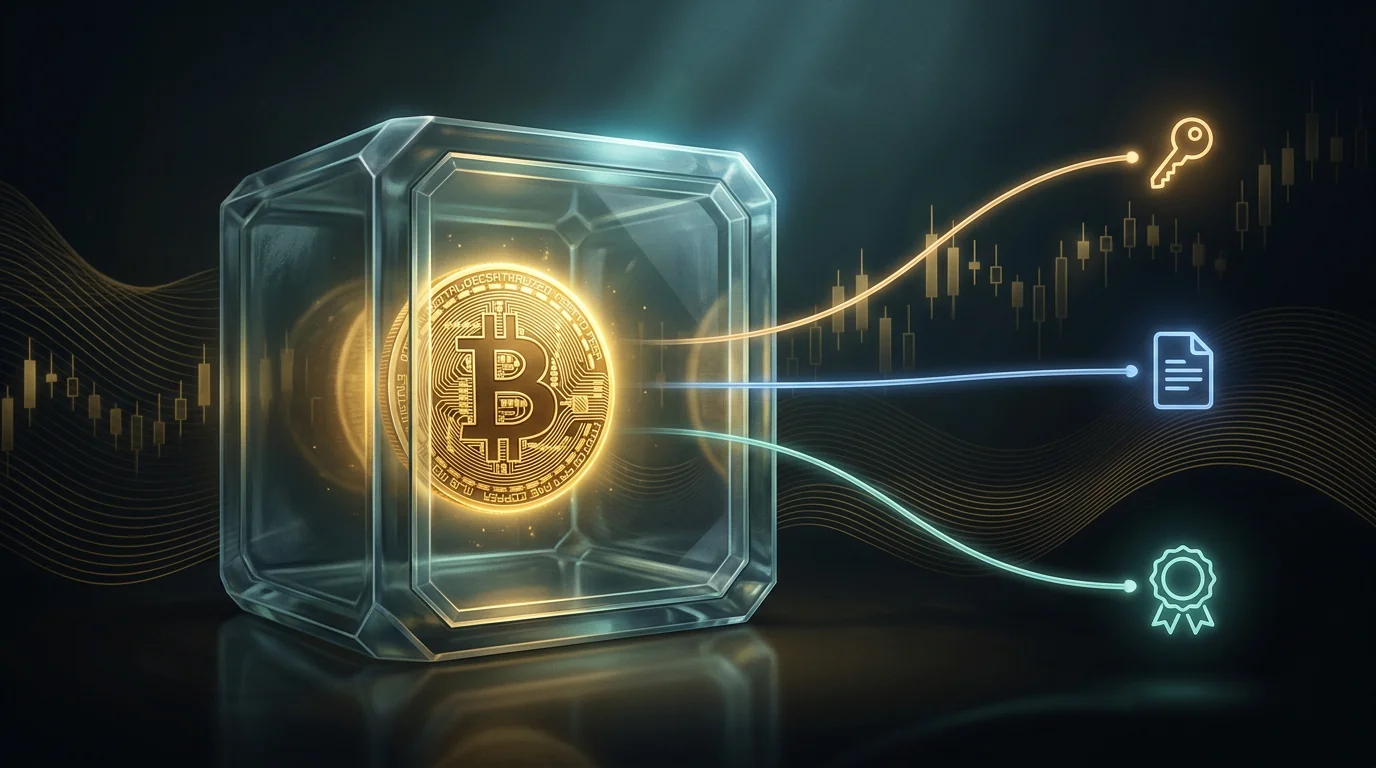 Moneda dorada de Bitcoin dentro de una caja de cristal translúcida, con tres hilos de luz que salen hacia un icono de llave, un documento y un sello, sobre un fondo oscuro con ondas doradas y velas japonesas