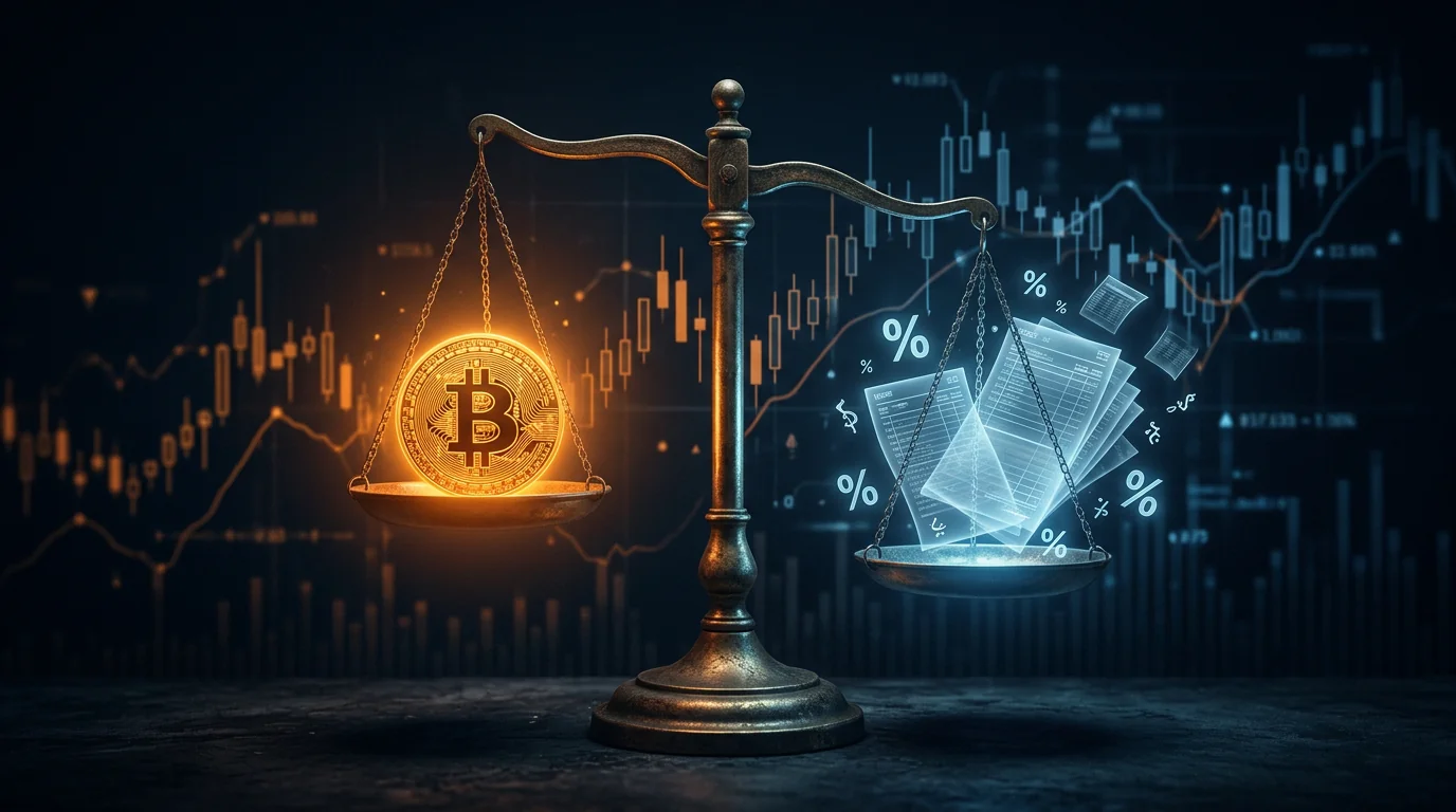 Una balanza antigua con una moneda de Bitcoin dorada y brillante en un platillo, y páginas de un libro de contabilidad translúcidas con símbolos de porcentaje flotando en el otro platillo, inclinando la balanza, sobre un fondo oscuro con velas japonesas de fondo