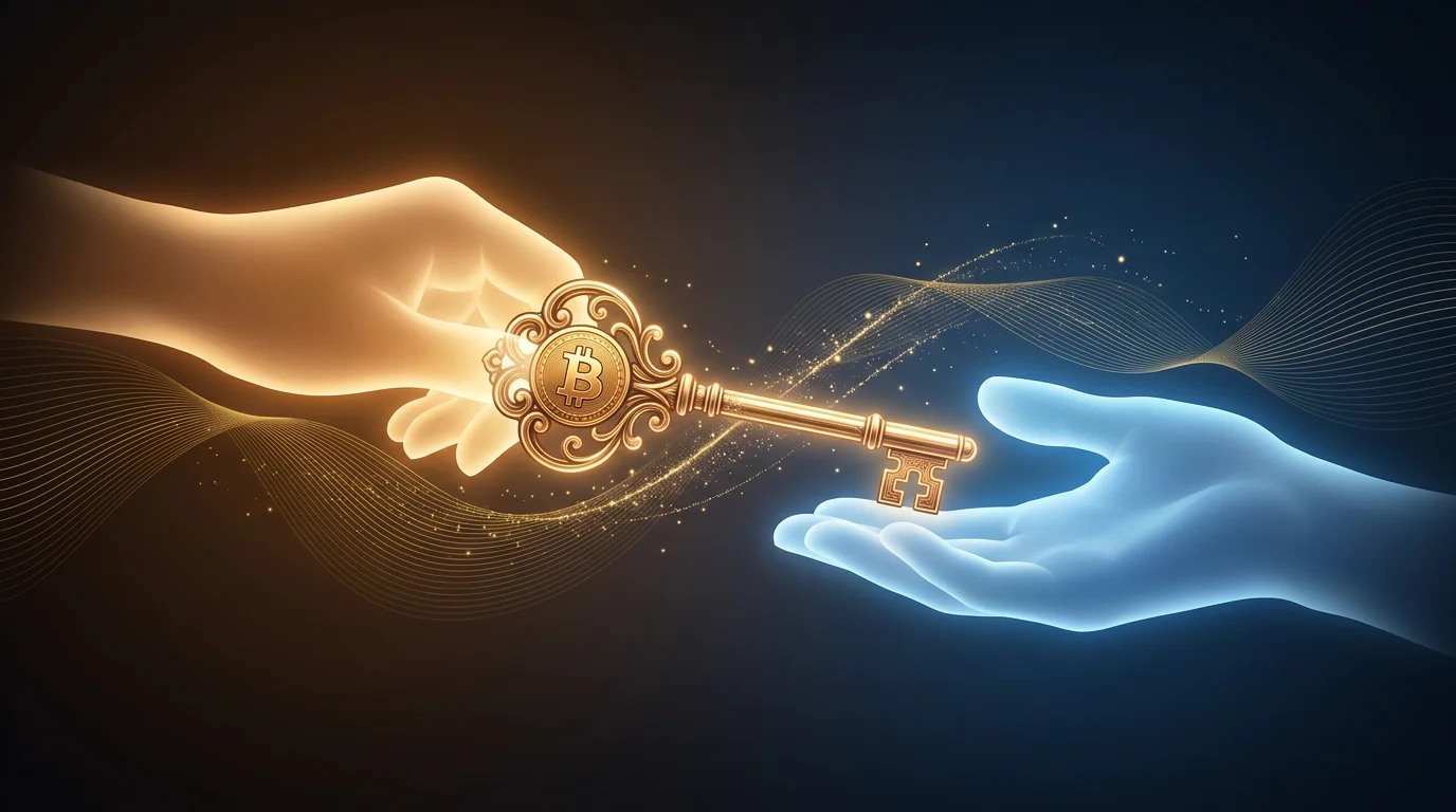 Una llave dorada con el símbolo de Bitcoin grabado, pasando de una mano de luz cálida a una mano de luz azul, sobre un fondo oscuro con un degradado de tonos cálidos a fríos