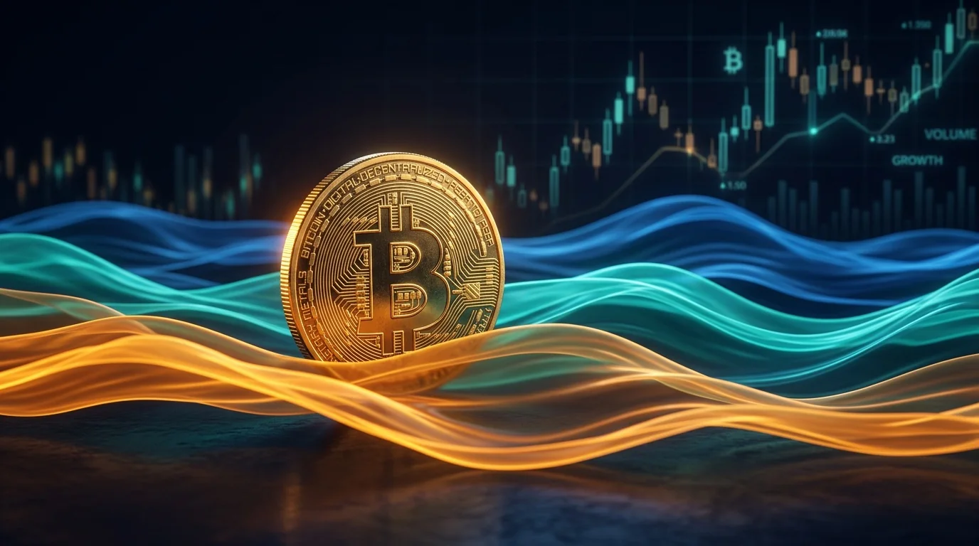 Moneda dorada de Bitcoin en pie entre capas de ondas luminosas naranjas, turquesas y azules, con velas japonesas al fondo