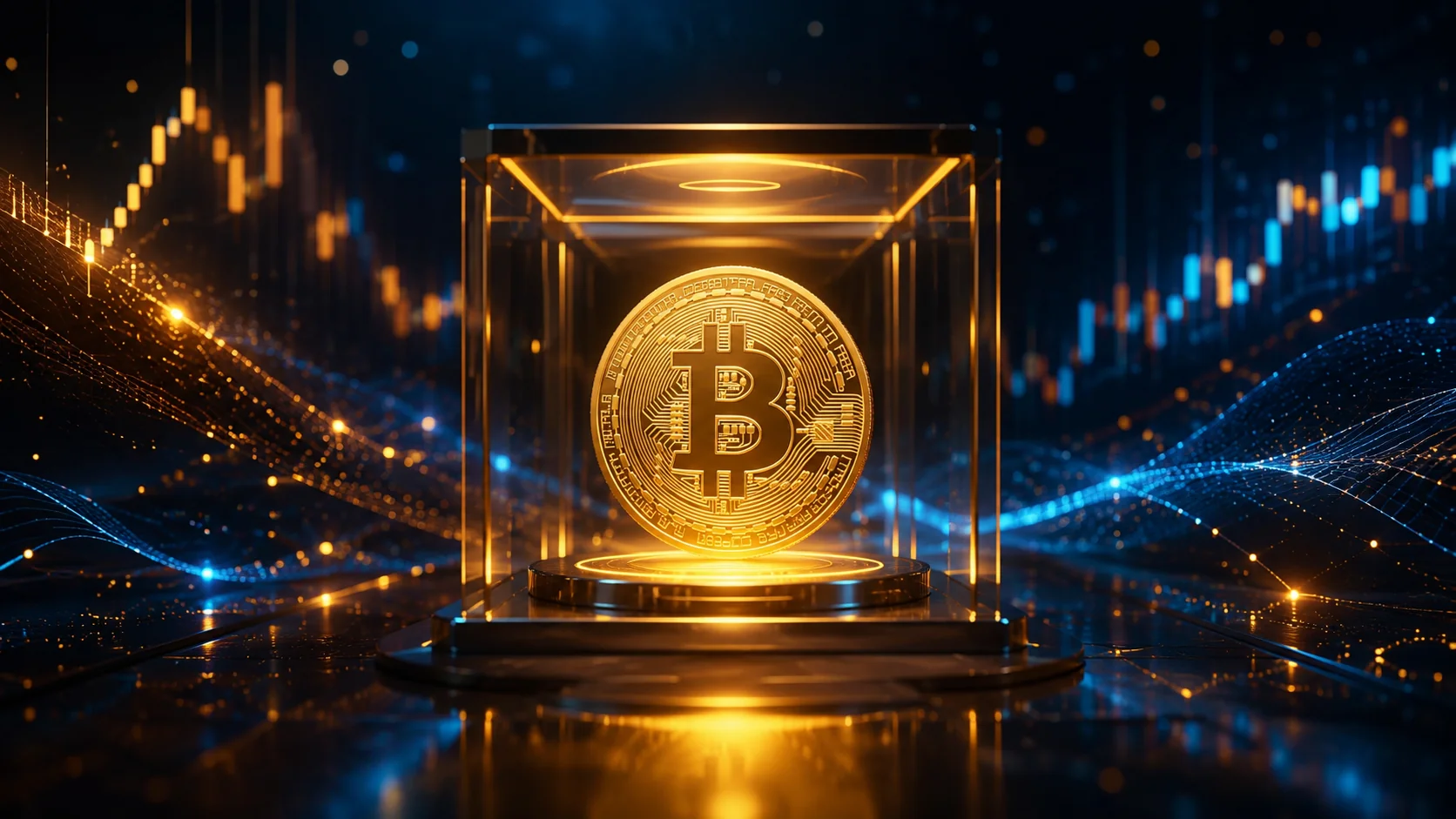 Una moneda de Bitcoin dorada dentro de una vitrina de cristal iluminada sobre un pedestal, quieta y protegida, con un gráfico de velas japonesas de fondo en tonos dorados y azules