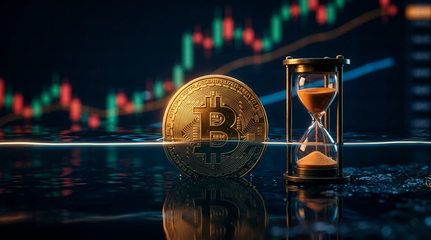 A golden Bitcoin coin half-submerged below a glowing horizontal line on dark water, next to an hourglass, with blurred candlestick charts in the background