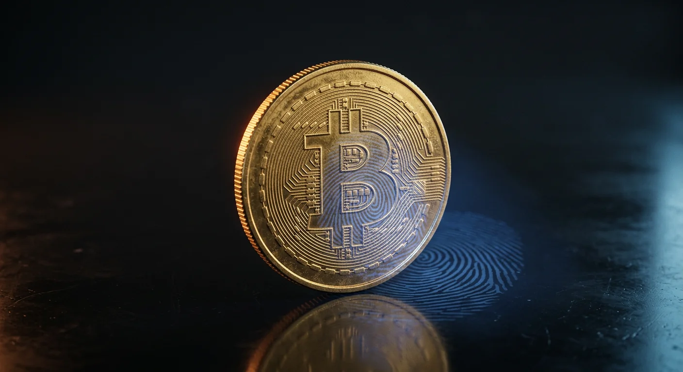 Moneda de Bitcoin dorada apoyada de canto sobre una superficie oscura reflectante, con un patrón de huella dactilar grabado en la cara de la moneda y revelado también en azul sobre la superficie, junto a ella