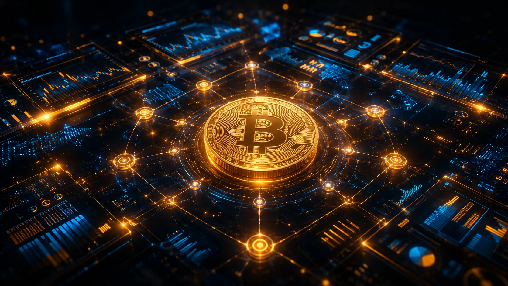 Una moneda de Bitcoin dorada en el centro de una red de nodos de datos conectados, rodeada de paneles de gráficos y estadísticas sobre un fondo oscuro tecnológico