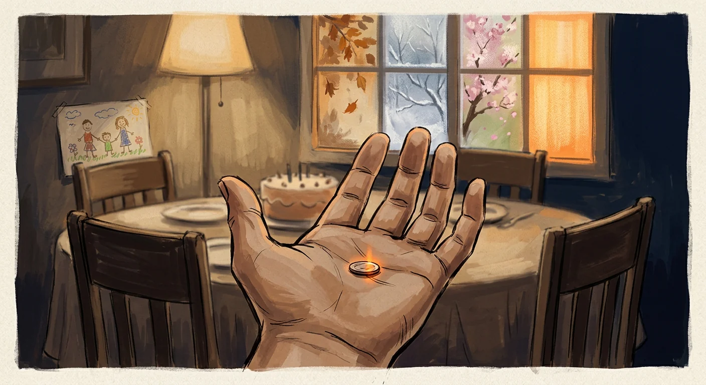 Gouache illustration of an open hand with a small coin glowing in the palm, in front of a table with a birthday cake and a window split into the four seasons
