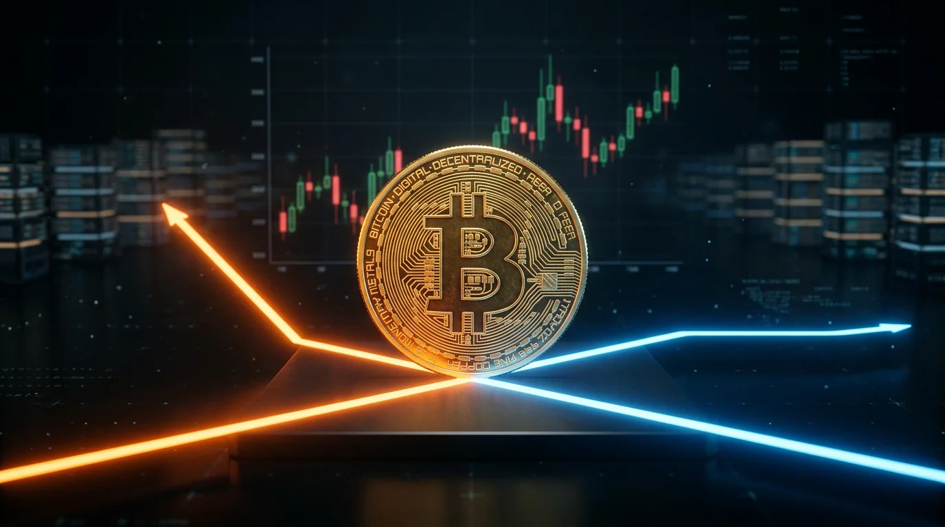 A gold bitcoin coin balanced where a rising orange line meets a flattening blue one, a blurred candlestick chart and racks of servers glowing behind it