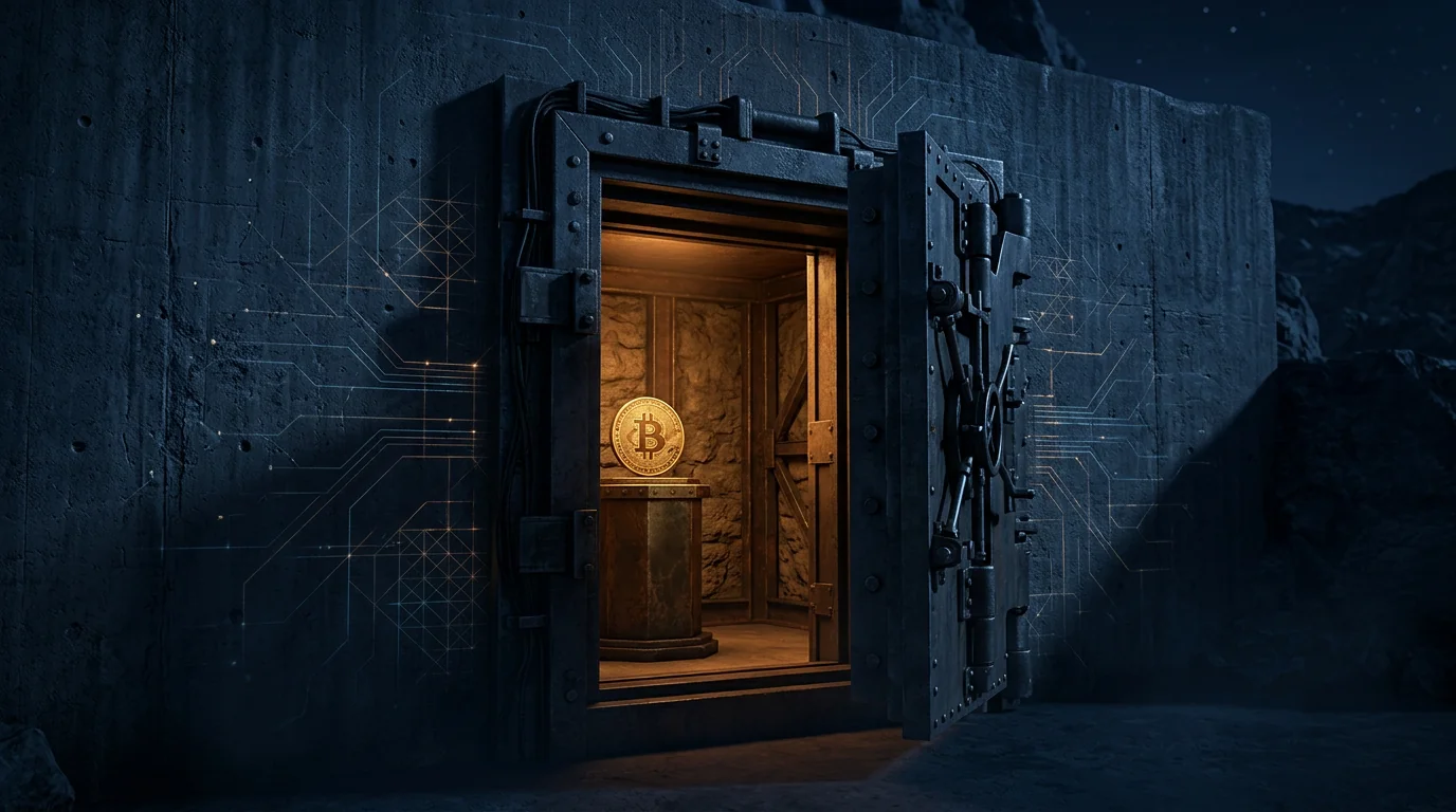 A half-open armored bunker door in a concrete wall, with a gold bitcoin coin inside lit by warm light and a faint blue circuit pattern in the darkness outside