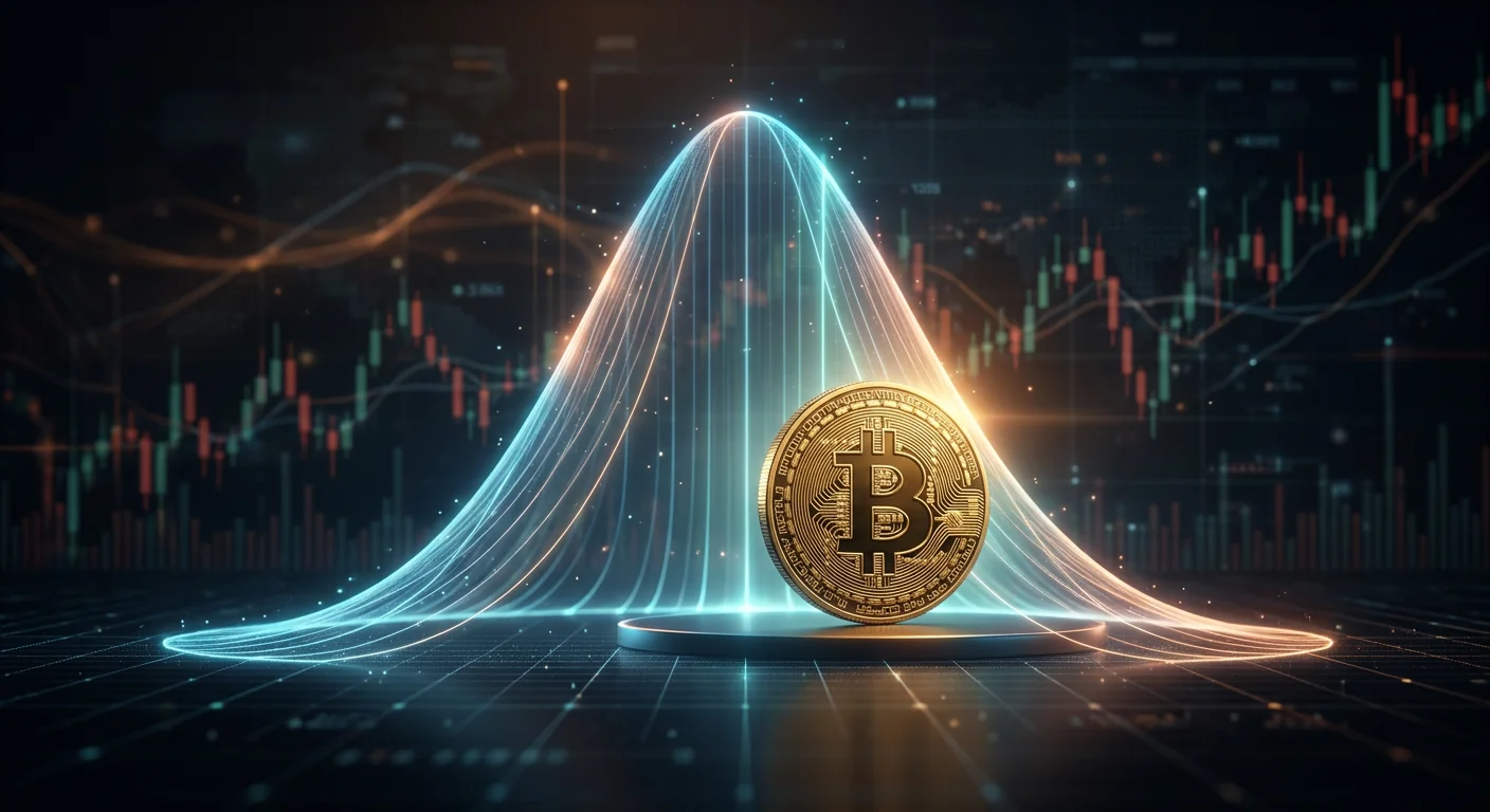 Una moneda de Bitcoin dorada en el centro de una curva de campana estadística hecha de luz, con la moneda ligeramente descentrada respecto al pico de la curva