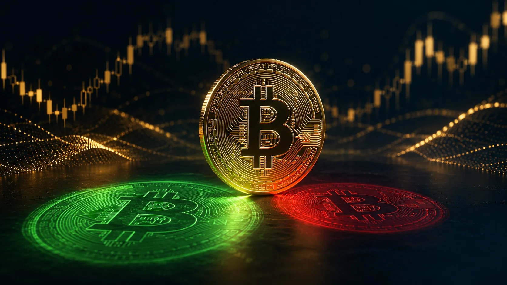 Moneda dorada de Bitcoin en pie proyectando dos sombras luminosas en el suelo: una verde y otra roja, representando el beneficio y la pérdida no realizados