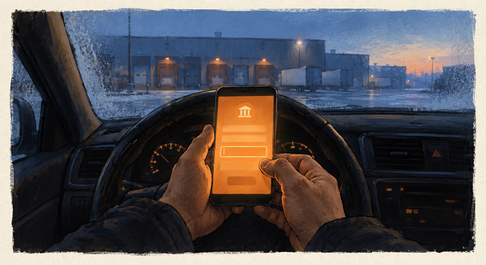 Gouache illustration from the driver's seat at dawn: a pair of hands holds a phone with a banking app open over the steering wheel, facing the loading docks of a distribution center through a frosted windshield