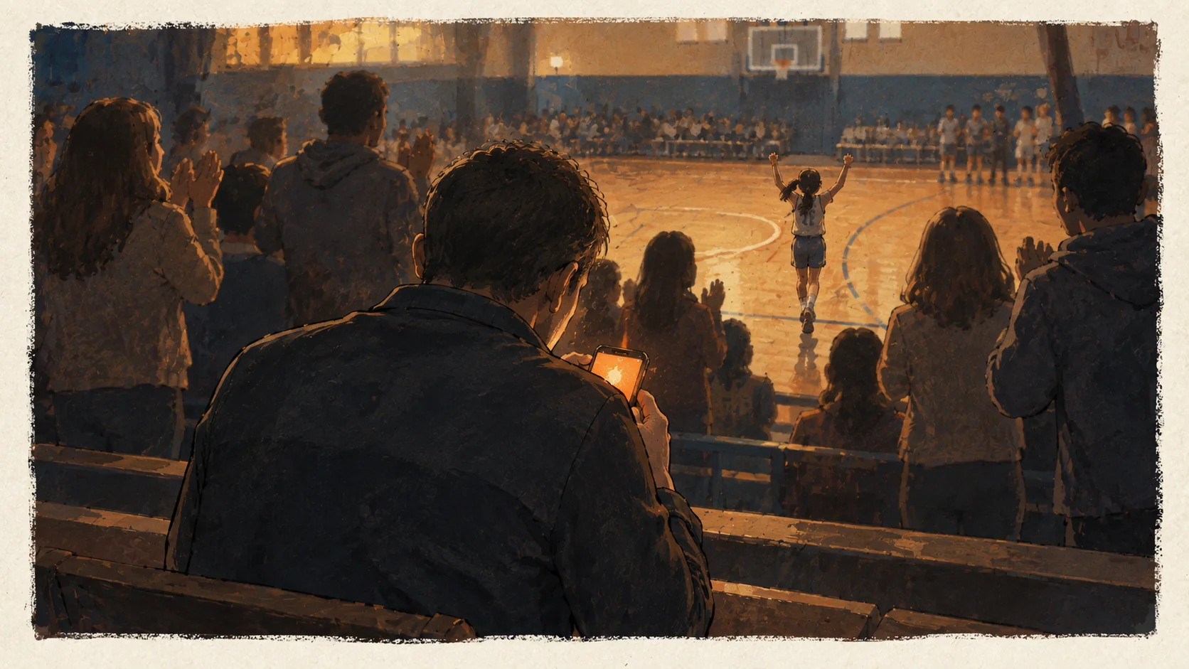 Gouache illustration of a school gym: in the foreground, a father seen from behind in the bleachers looks down at his glowing phone while the crowd stands and claps and, beyond, a girl with a ponytail jogs back across the court with both arms raised
