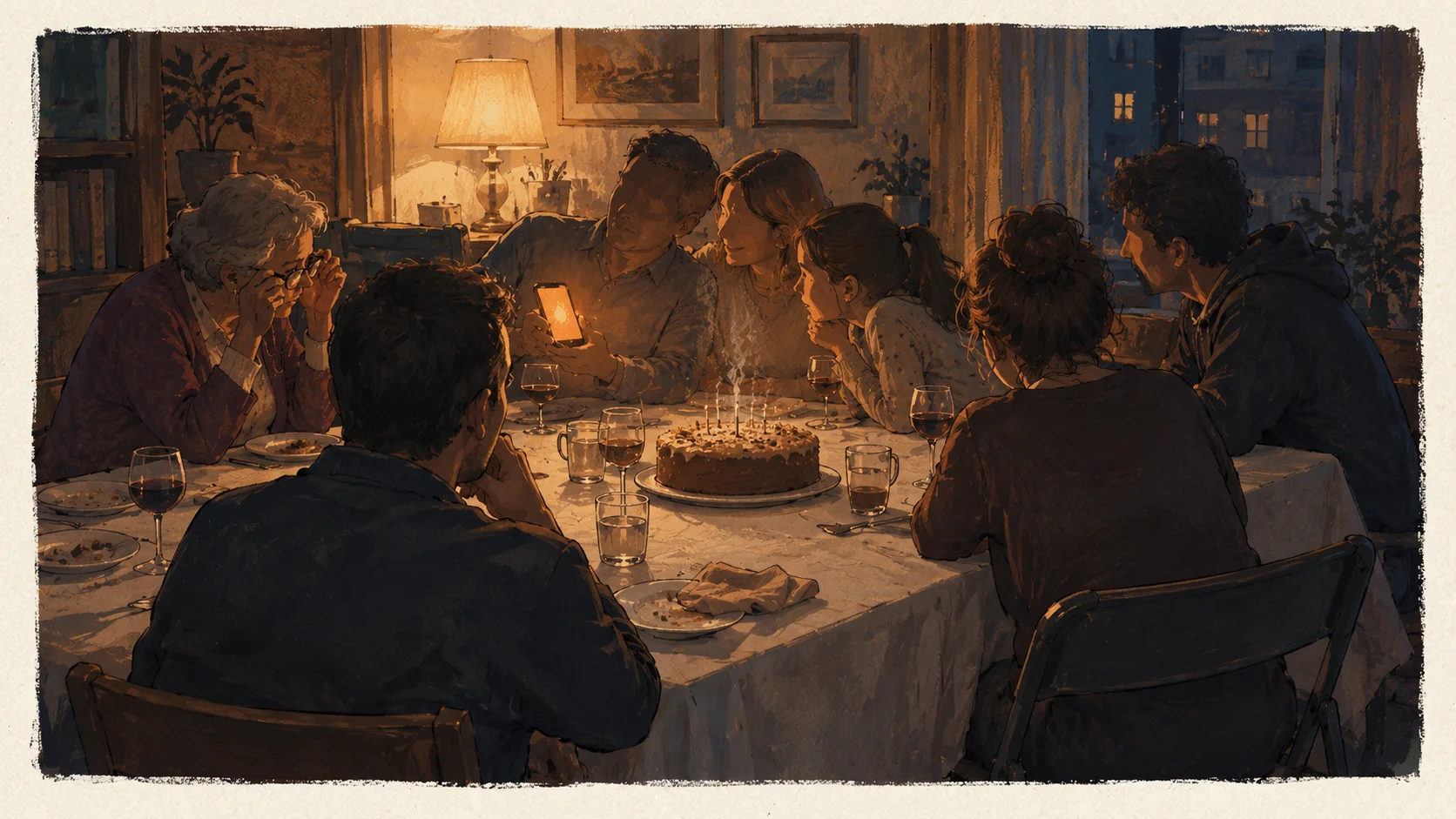 Gouache illustration of a family birthday dinner: seven people around a cake with freshly blown-out candles; nearly all of them look at the glowing phone a man is holding up, while another man, seen from behind at the corner of the table, watches them instead