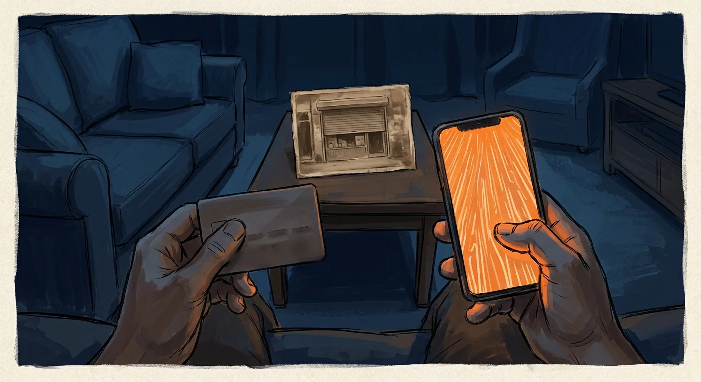 Gouache illustration of a dark living room: a pair of hands holds a bank card and a phone with a glowing orange screen, and on the coffee table sits an old photo of a shop with its security gate pulled down