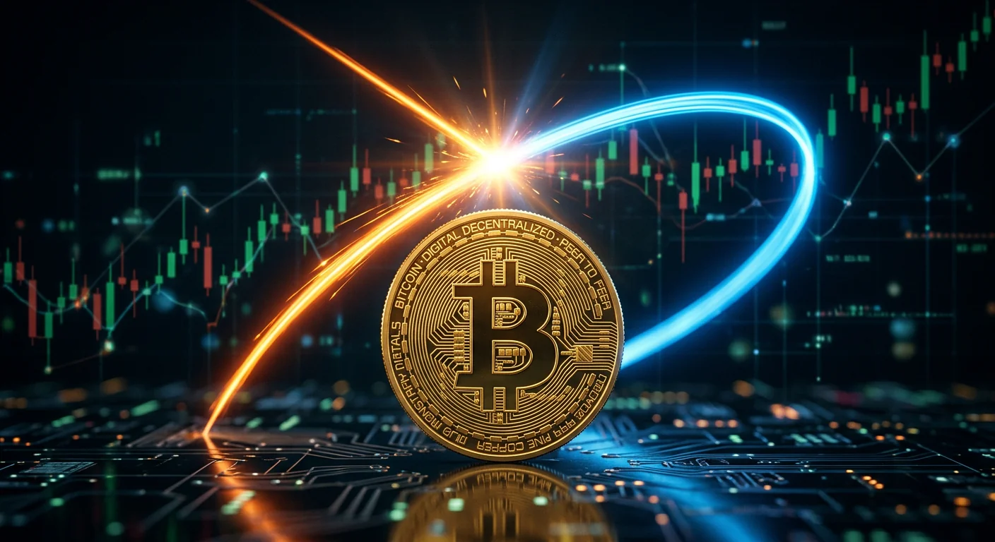 Two glowing light trajectories crossing above a golden Bitcoin coin, one thin and orange rising fast, one thick and blue rising slowly, meeting at a bright intersection point