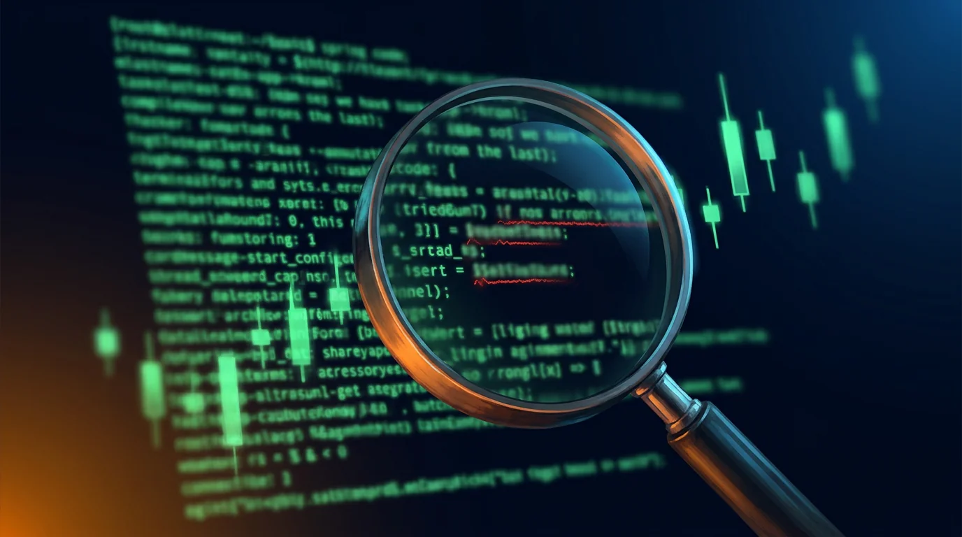 Una lupa suspendida sobre un bloque denso de texto de terminal en verde brillante sobre una pantalla oscura, con marcas de aviso en rojo resaltando unas pocas líneas concretas del código, y fragmentos de velas japonesas desenfocados de fondo