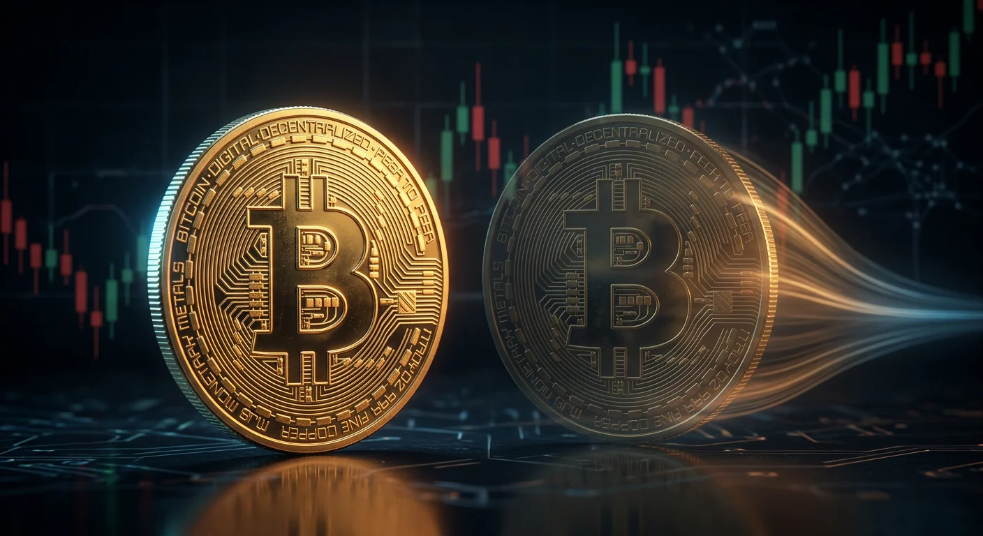 Dos monedas de Bitcoin doradas una junto a otra, una brillante representando el presente, la otra más tenue y translúcida con una estela de luz detrás representando el pasado