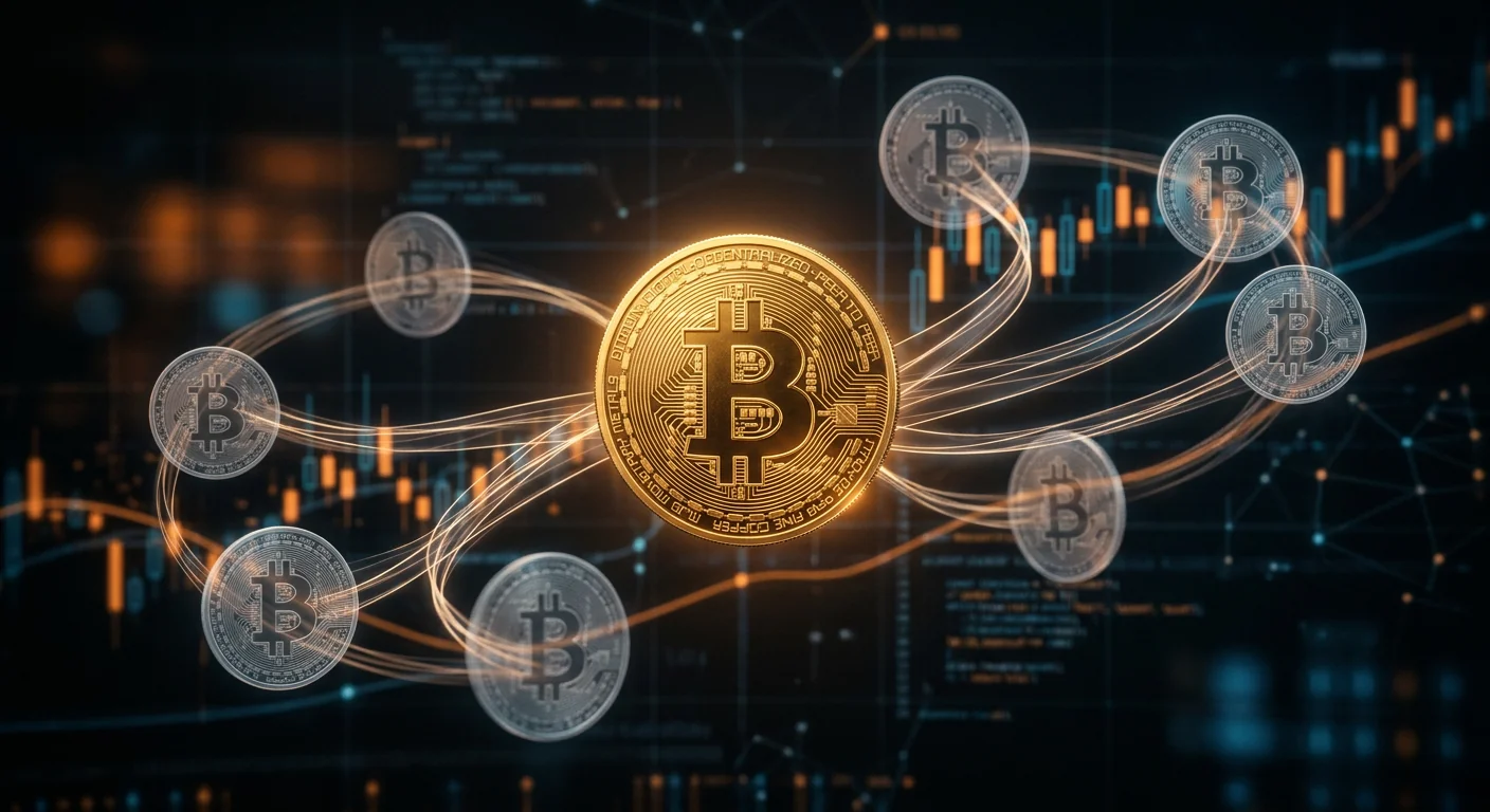Una moneda de Bitcoin dorada en el centro, con hilos de luz translúcidos que se extienden hacia varias monedas fantasma semitransparentes a su alrededor, como si se rastreara un recorrido