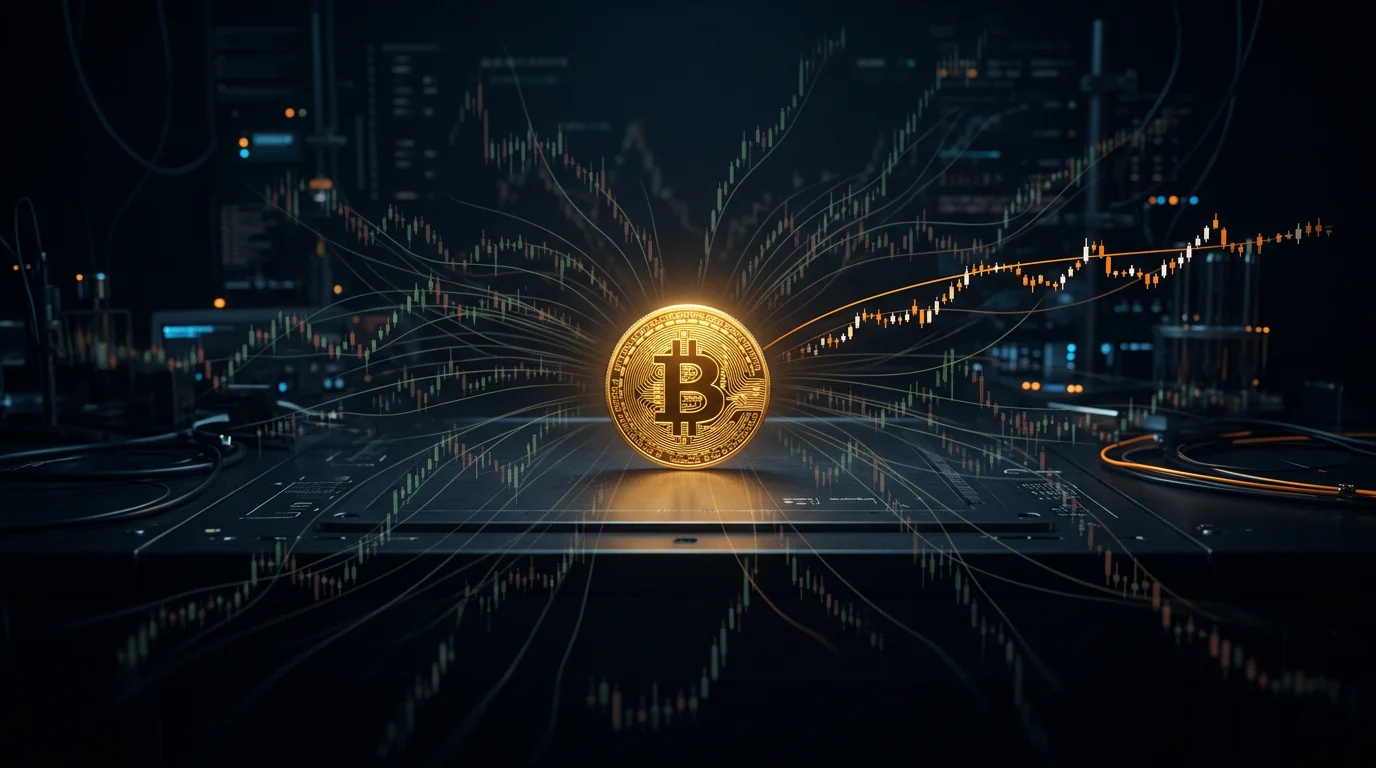 Una moneda dorada de Bitcoin en el centro, iluminada, con decenas de trayectorias de velas japonesas casi transparentes abriéndose en abanico a su alrededor como billetes de lotería, casi todas desvaneciéndose en la oscuridad -- una sola, en naranja, se distingue del resto y también se apaga cerca del borde