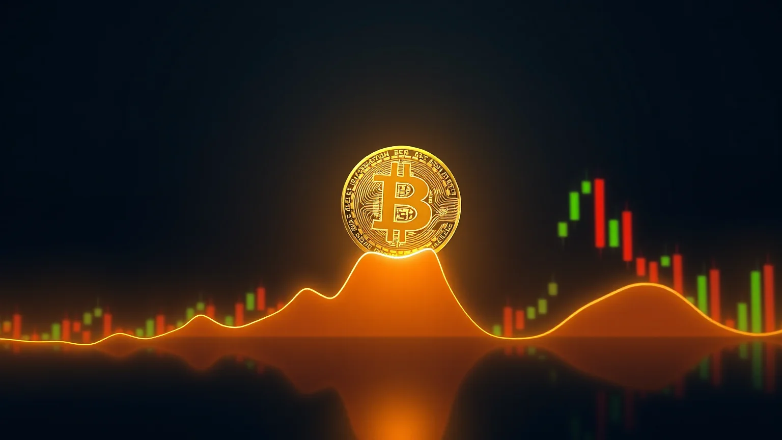 Una moneda de Bitcoin dorada rompiendo hacia arriba desde una banda horizontal de luz plana que representa un rango de consolidación, con velas japonesas mixtas verdes y rojas de fondo sobre un fondo oscuro azul y naranja