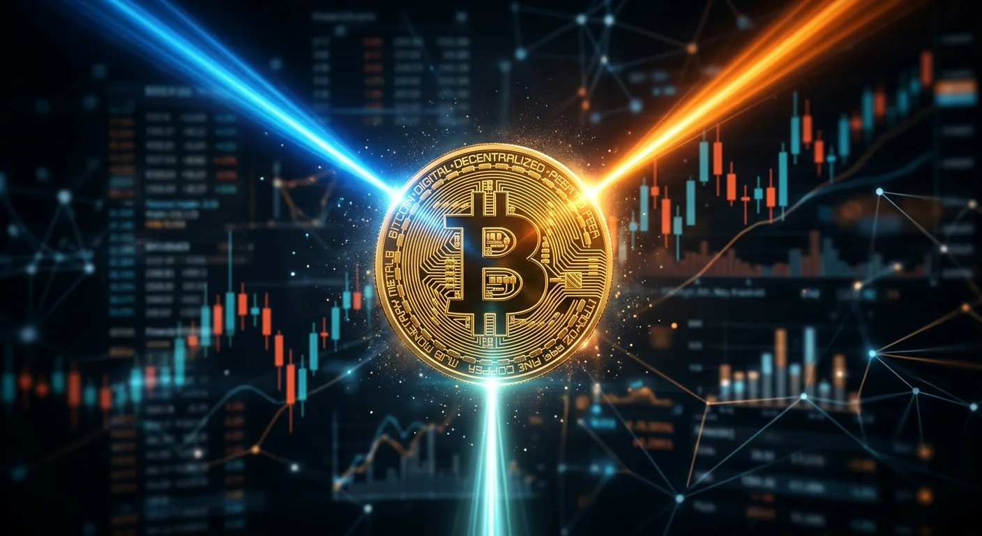 Una moneda de Bitcoin dorada en el centro, con tres haces de luz de colores distintos llegando desde direcciones diferentes y convergiendo todos en el mismo punto